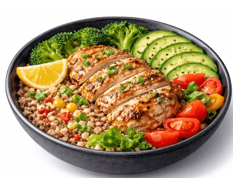 Healthy grilled chicken quinoa bowl